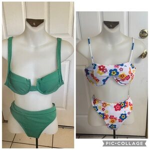 Lot of 2 large Romwe multicolored floral/green ribbed bikinis.  In EUC!